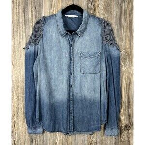 Hippie Laundry Denim Button Front Shirt L Cotton Crochet Detail Boho Shabby Chic